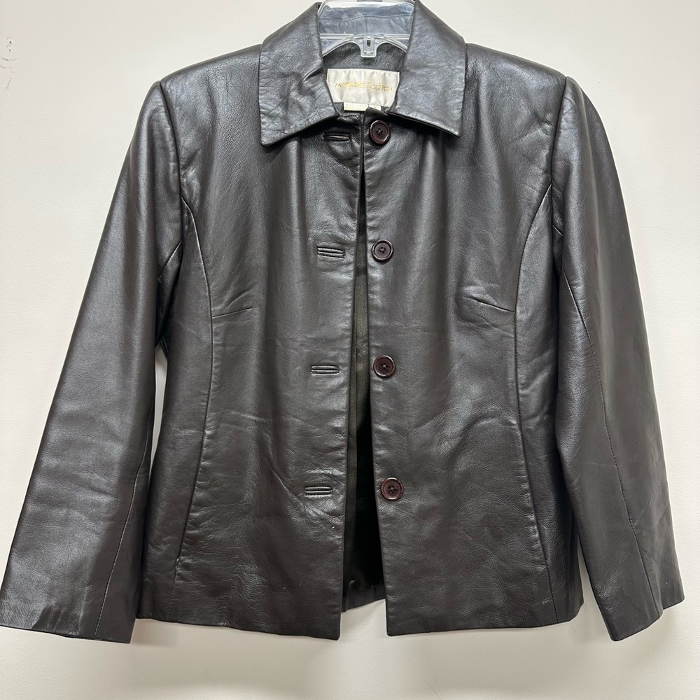 Classic Women's Brown Leather Jacket - Timeless Button-Front Coat